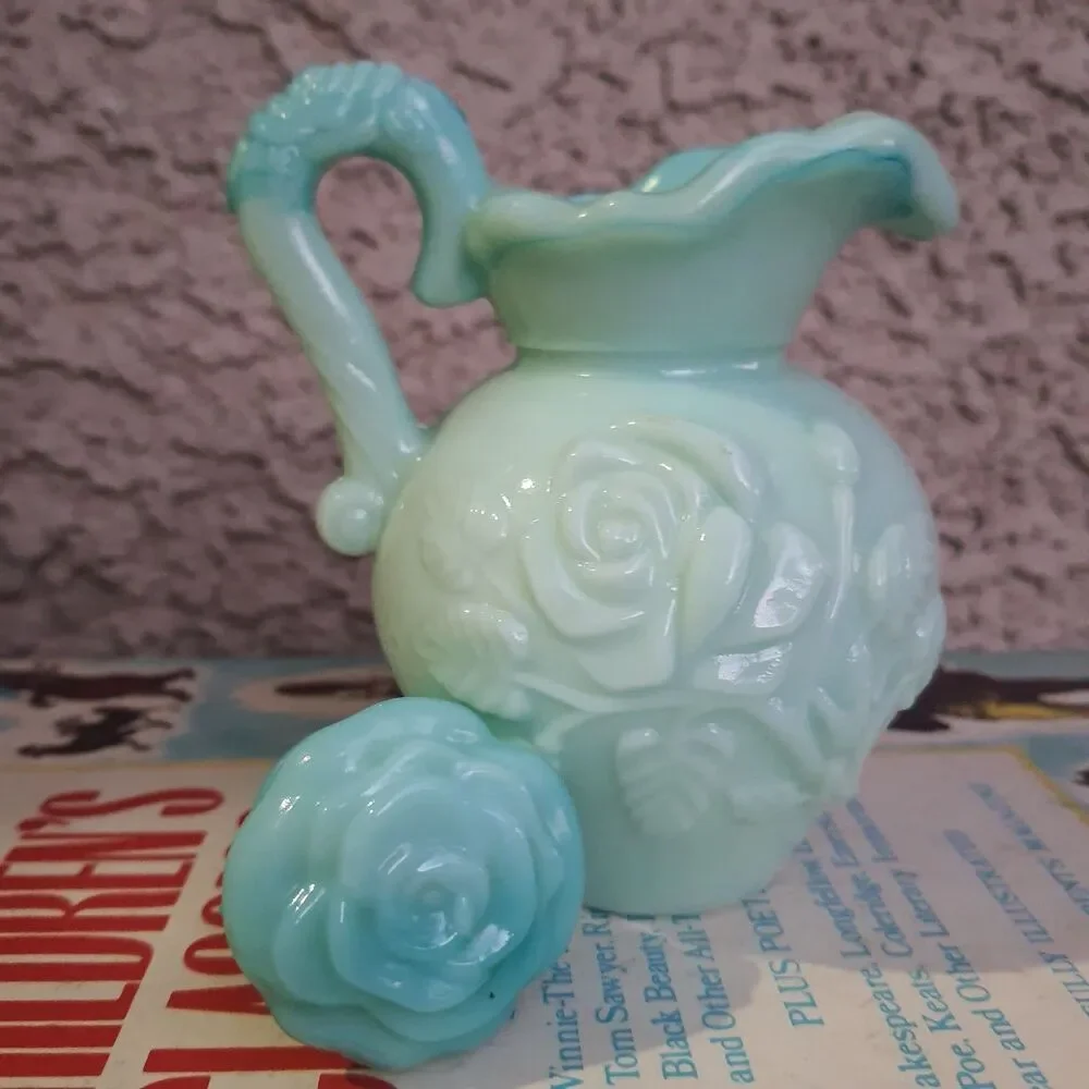 Vintage 70s Avon Skin So Soft Pitcher & Bowl Jadeite color Milk Glass 6'' Empty